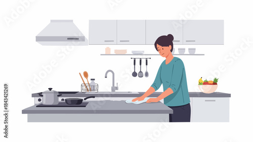 Illustration of a woman washing dishes at a kitchen sink with utensils and cookware nearby, against a clean white background with a modern kitchen setup.