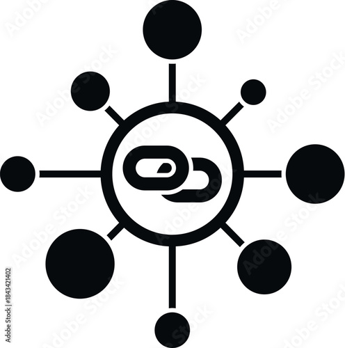 Central link icon creating a network connection with surrounding circles