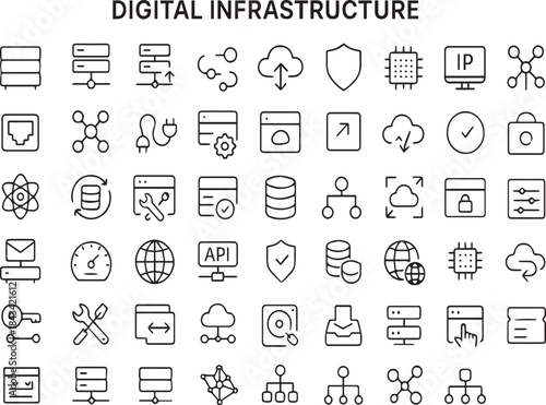 Digital Infrastructure Line Icons Set for Cloud Computing, Server Network, Data Center, Cybersecurity, API Integration, Internet Technology, IT Services, Web Hosting, Database and Network System