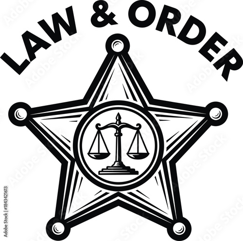 Law and order typography with justice scales for legal logo, court attorney lawyer badge, fair judgment emblem and isolated on transparent vintage graphic illustration