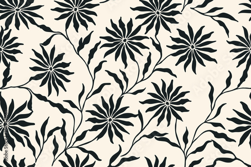 An elegant seamless floral pattern with black botanical silhouettes of blooming flowers and flowing leaves on a soft cream background, creating a timeless and stylish design.