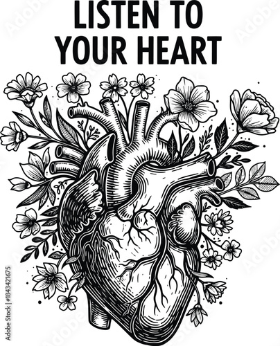 Listen to your heart typography with anatomical organ and flowers for medical logo, floral biology badge, human life emblem and isolated on transparent graphic illustration
