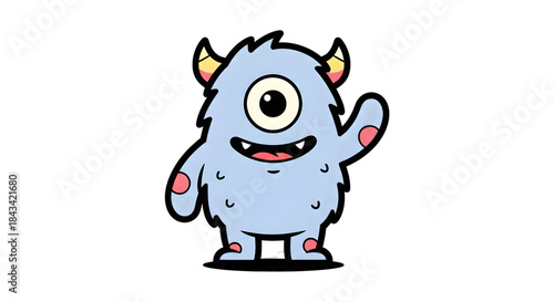A cute, fluffy, light blue cartoon monster with one eye and horns waving hello.