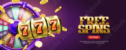 Free spins. Casino banner or poster with slot machine and golden coins on a bright background. Vector illustration.