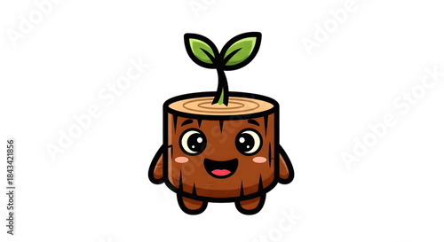 A cute cartoon illustration of a small tree stump character with a sprout growing from its top and a happy face.