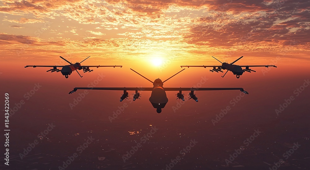 Obraz premium Advanced military drones flying patrol at sunset image