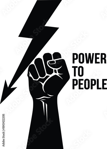 Power to people typography with fist and lightning for revolution logo, strong protest badge, human rights emblem and isolated on transparent abstract graphic illustration