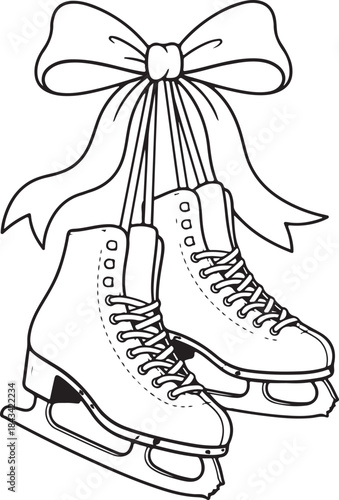 Black and white illustration of ice skates with a decorative bow