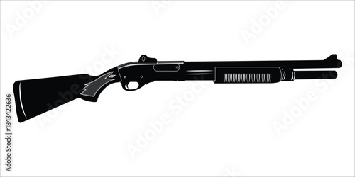 A simple black and white classic Pump action illustration of Shortgun depicts a single isolated with details for using any design.eps