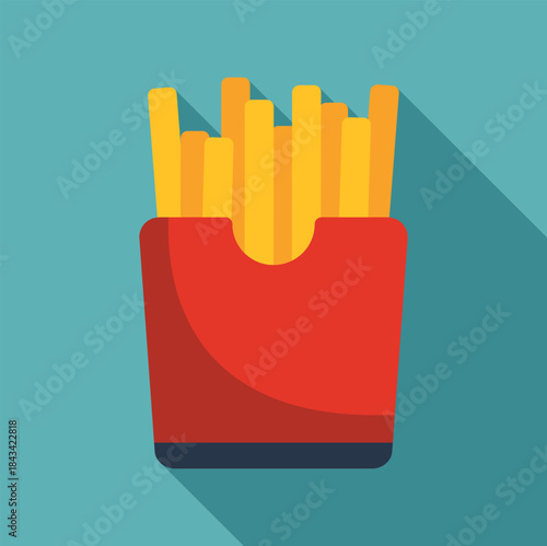 French fried potato sticks serving in a red cardboard box with long shadow