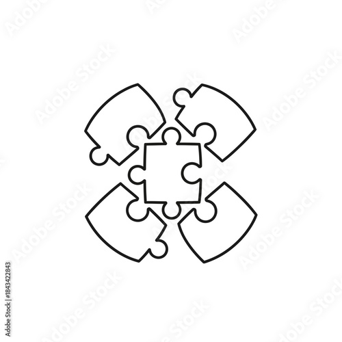 Outline illustration of five interconnected jigsaw puzzle pieces forming a square shape, symbolizing connection and problem-solving.