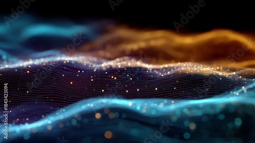 Abstract glowing digital waves of blue and orange light particles technology data