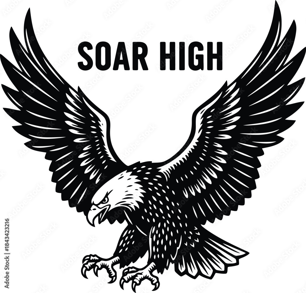 Fototapeta premium Soar high typography with flying eagle for freedom logo design, wild bird nature badge, patriotic american emblem and isolated on transparent animal graphic illustration
