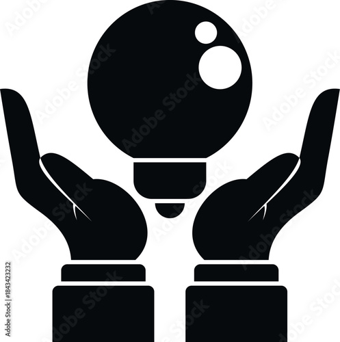 Hands holding a lightbulb symbolizing innovation, creativity, and discovery in a black and white design