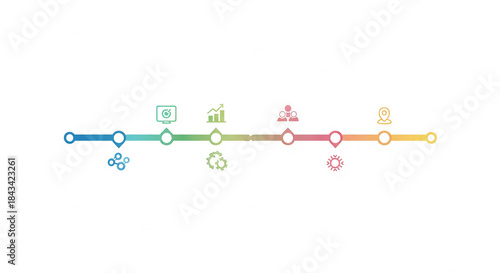 Minimal horizontal infographic timeline with multicolor icons and clean line segments