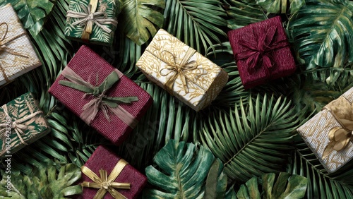 Christmas Gift Boxes in Gold, Maroon, and Green. 