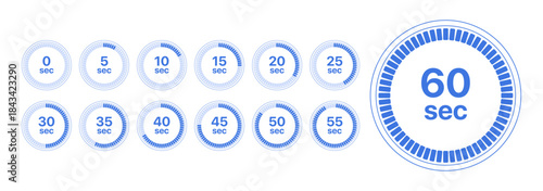 Circular Timer and Stopwatch UI Icons Set Showing 0–60 Minute Countdown Progress Vector