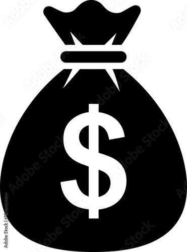 Money bag icon with dollar symbol. Financial asset, savings, and wealth concept. Monochrome graphic element for banking business. Vector illustration