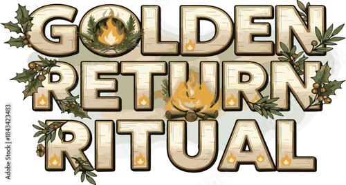 Golden Return Ritual Festive Text with Campfire and Holly