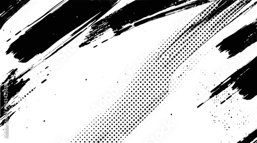 Abstract black and white background with dynamic brush strokes and a halftone dot pattern, creating a grunge texture.