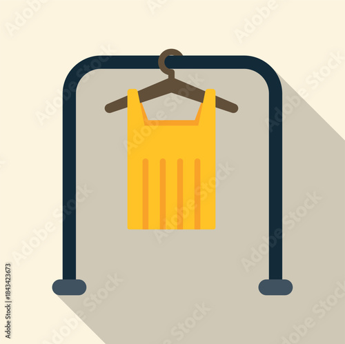Yellow t shirt hanging on a brown hanger on a black garment rack