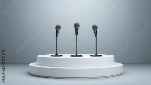 Three microphones standing on a round white podium