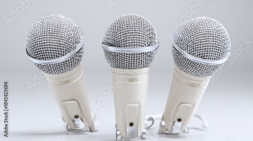 Three microphones in focus creating audio recordings