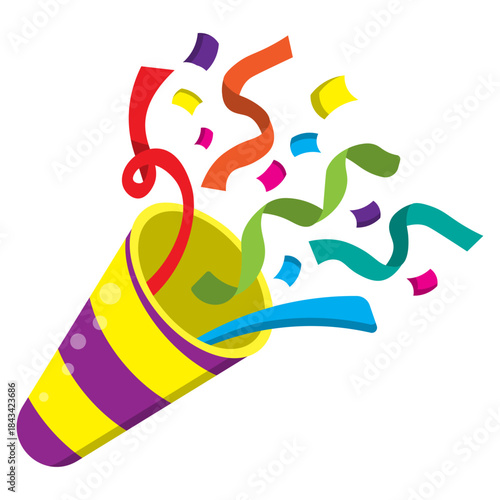 Vibrant graphic of a party popper bursting with colorful confetti and streamers, symbolizing joy, excitement, and celebration for festive occasions and happy events