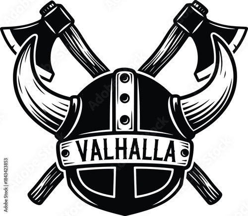 Valhalla typography with viking helmets and axes for history badge, ancient warrior weapon emblem, medieval combat symbol and isolated on transparent retro graphic illustration