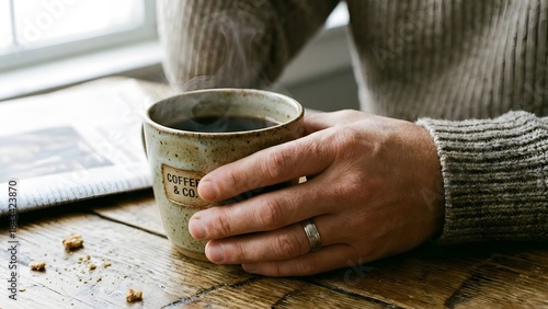 Person Holding Coffee Mug in Hand at Table.
