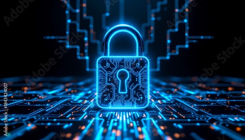 A digital padlock glows brightly on a circuit board, symbolizing online protection and data security.