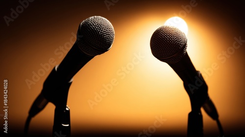 Two microphones in silhouette illuminated by glowing golden light