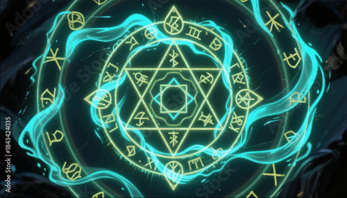 The illustration is a geometric circle with runes and a luminous and pulsating energy stream ideal for fantasy illustrations and game interfaces. Vector graphics. EPS.