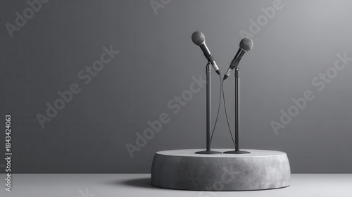 Two microphones on a round podium ready for a speech