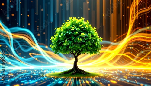 A vibrant green tree standing tall with a glowing, dynamic background