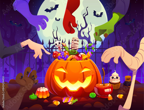 Halloween bucket Jack o lantern pumpkin with trick or treat candies, lollipops, chocolate and candy gummy worms surrounded by mummy, vampire and monsters hands. Halloween bucket vector poster