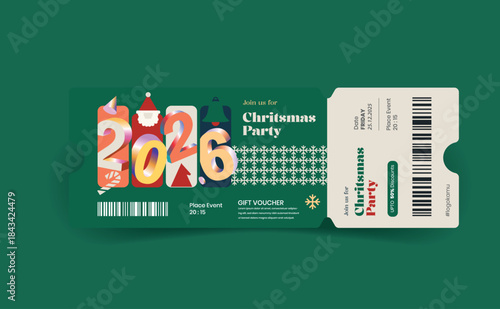 Christmas party ticket vector illustration featuring festive holiday design elements, including Christmas coupon, gift voucher, discount card, and celebration ticket template