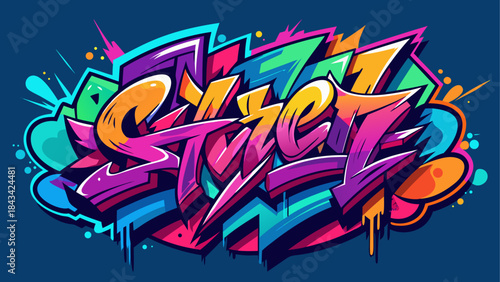 Vibrant Graffiti Art Word Street with Bold Colors and Dynamic Shapes on Dark Background
