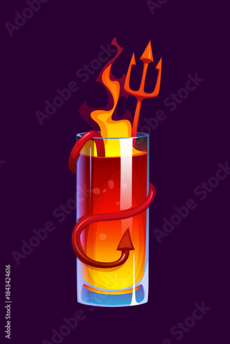 Fiery Halloween holiday cocktail in a tall glass with flames, devil tail wrapped around, and a red trident stirrer. Bold and spicy spooky cartoon vector beverage for themed and creative bar menus