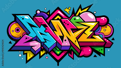 Colorful Graffiti Art Word Design with Bold 3d Letters and Abstract Shapes, vector illustration