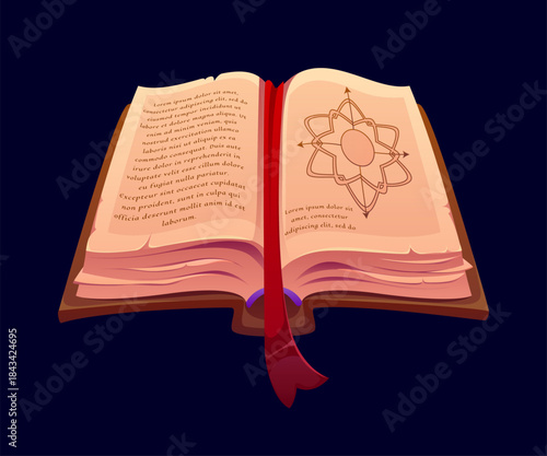 Fantasy magic wizard book and cartoon Halloween enchanted spellbook with red ribbon bookmark, runes, alchemy diagram and illuminated text. cartoon vector witchcraft or wicca grimoire with rugged pages