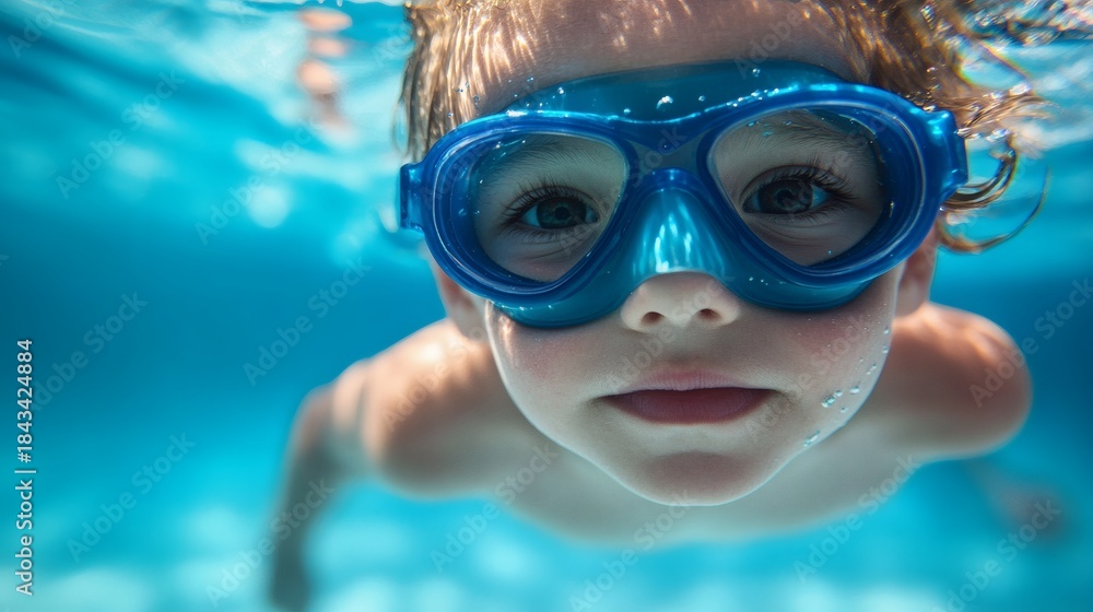 Naklejka premium Close-up underwater shot of a young boy wearing blue swim goggles and swimming in a pool with clear blue water.