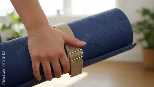 Person Holding Blue Rolled Yoga Mat in Indoor Setting.
