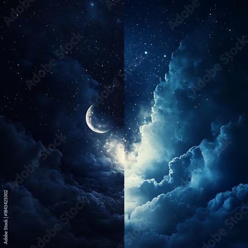 A captivating night sky split into contrasting dark and light halves with a crescent moon
