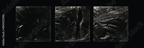 “Black Crumpled Plastic Texture Overlay Set – Wrinkled Abstract Background”