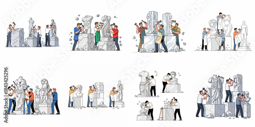 Artistic Process of Stone Sculpting: Collection of Scenes Showing Men Carving Classical Marble Statues and Busts with Hammer and Chisel.