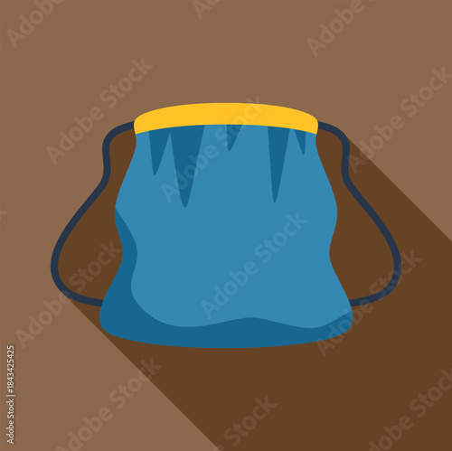 Blue drawstring bag with yellow top band and long shadow illustrating storage and transport