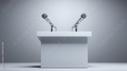 White Podium With Two Microphones Ready For Presentation
