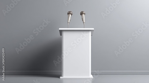 White podium with two silver microphones ready for a speech