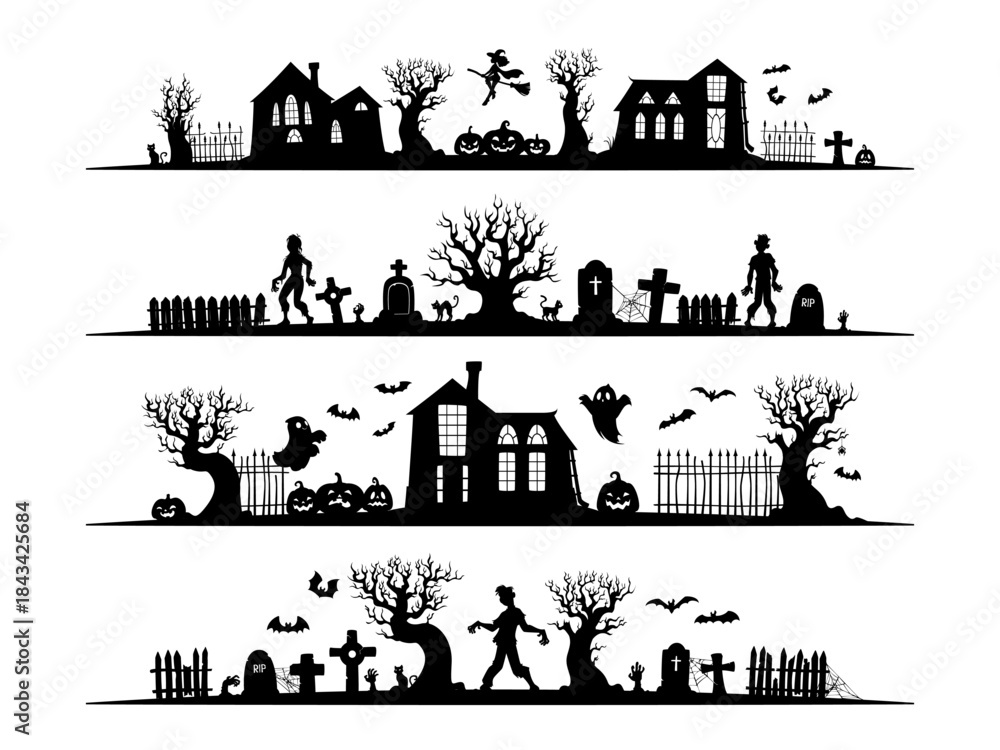 Fototapeta premium Halloween dividers and border frames with abandoned haunted house and graveyard cemetery vector silhouettes. Halloween horror zombies, scary ghosts and gravestones, spooky bats and pumpkins borders